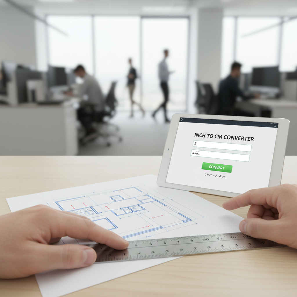 A professional's hands holding a dual-scale ruler over a document, with a tablet displaying an inches to centimeters calculator in a modern office.