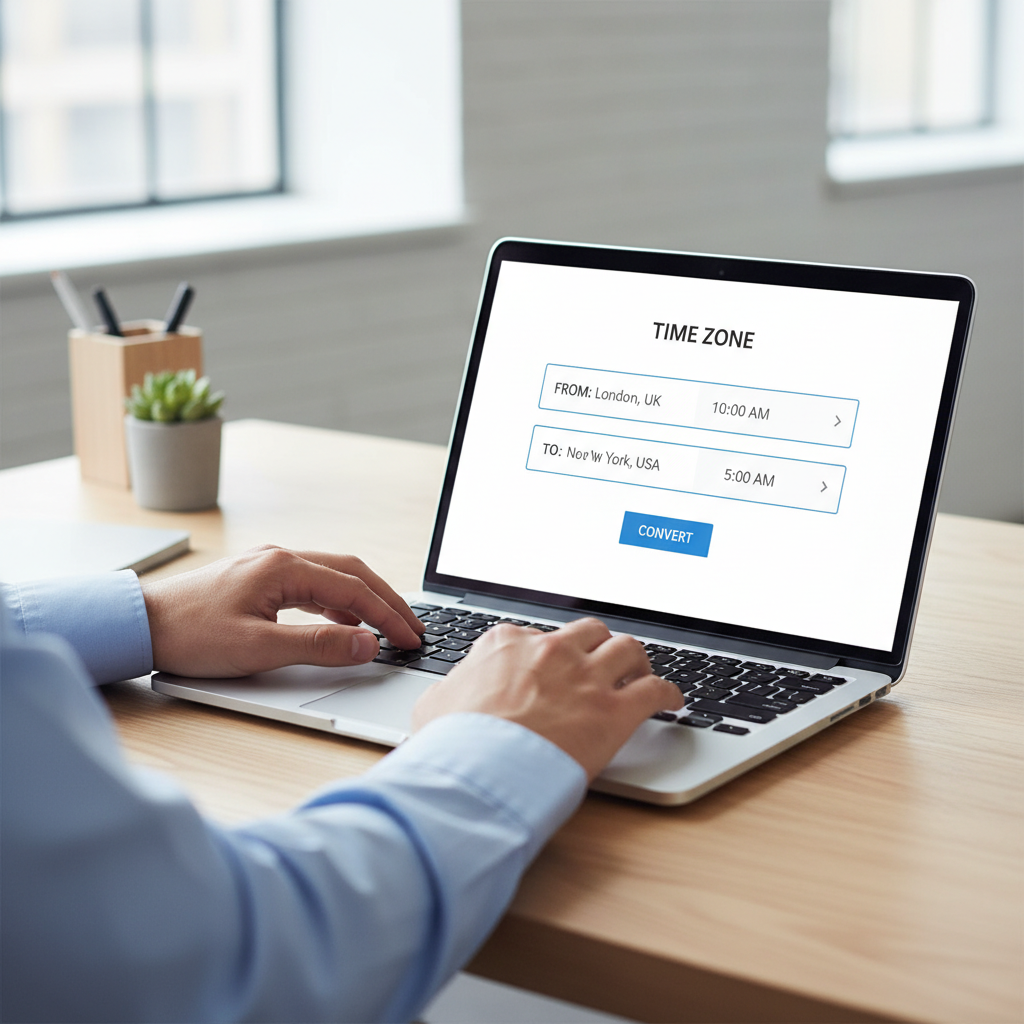 A professional's hands typing on a laptop, using an online time zone converter tool visible on the screen.