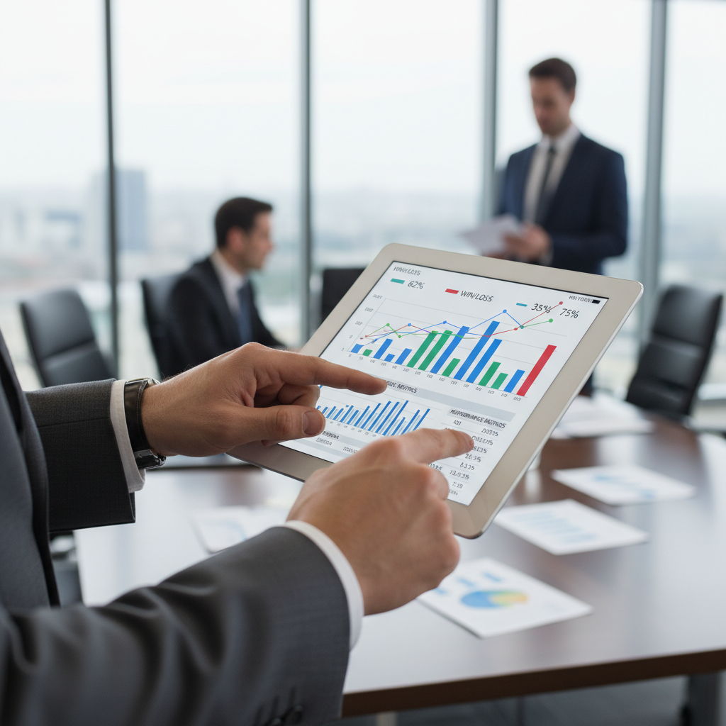 A professional's hands using a calculator or tablet to analyze statistical data and win percentages in a business setting.