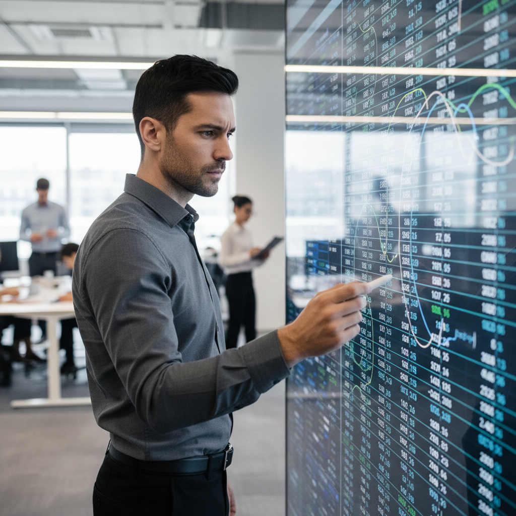 A professional standing in an office, reviewing complex data on a large digital screen.