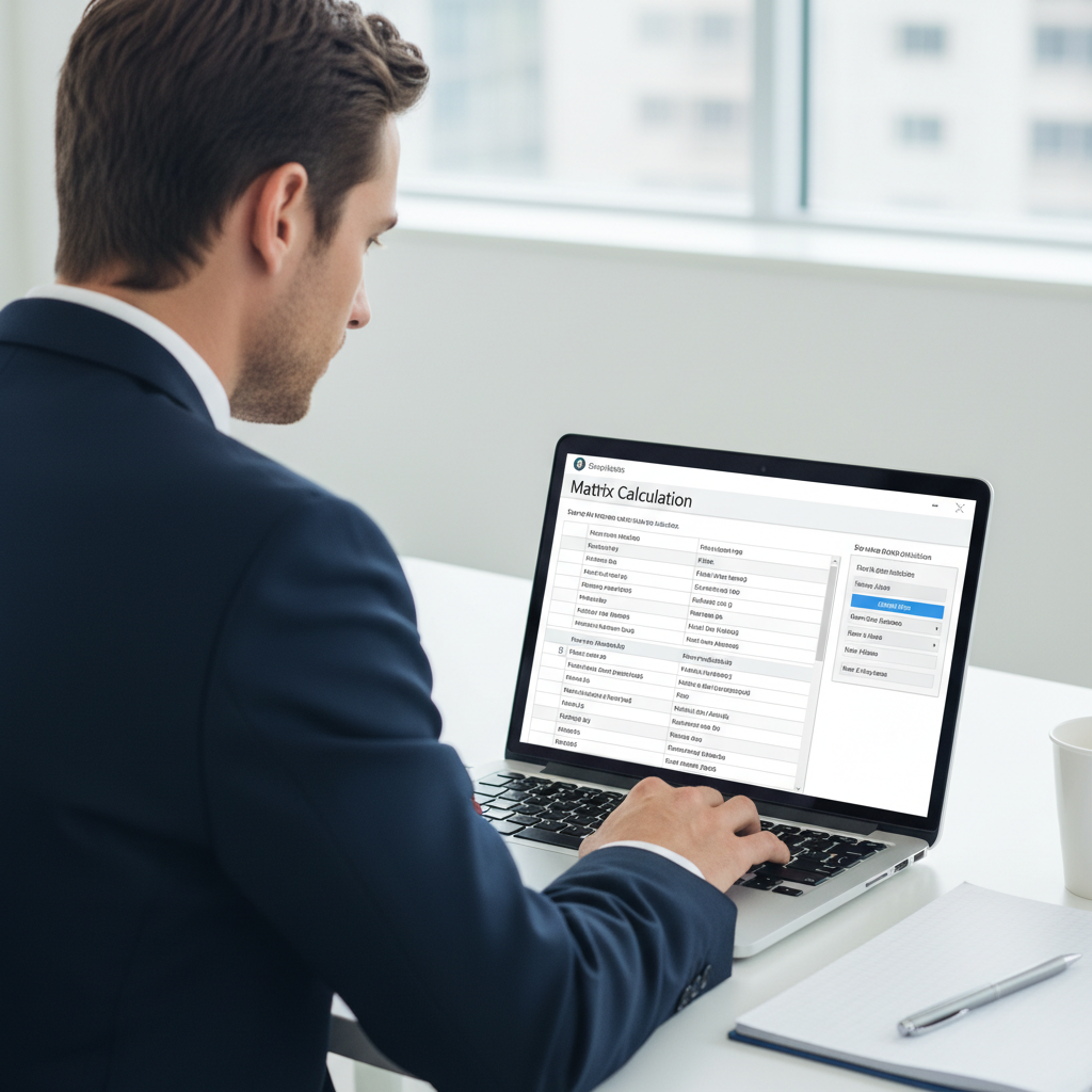 A professional uses a laptop displaying a clear, step-by-step matrix calculation tool in a modern office.