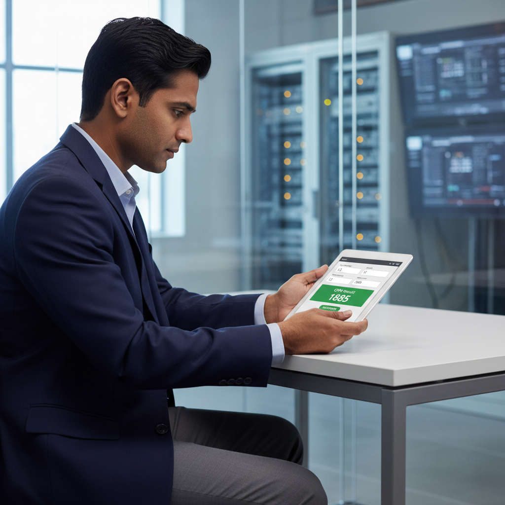 A professional uses a tablet to operate an online CFM calculator in a modern office setting.