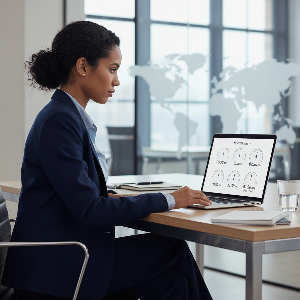 A professional using a laptop to view a time zone converter, symbolizing efficient global scheduling.