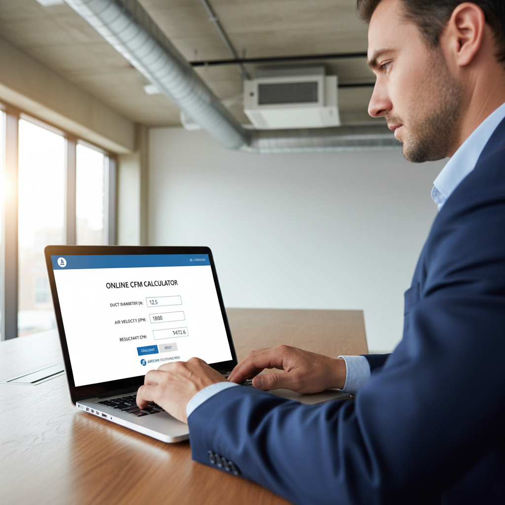 A professional using an online CFM calculator on a laptop, with blurred HVAC equipment in the background.