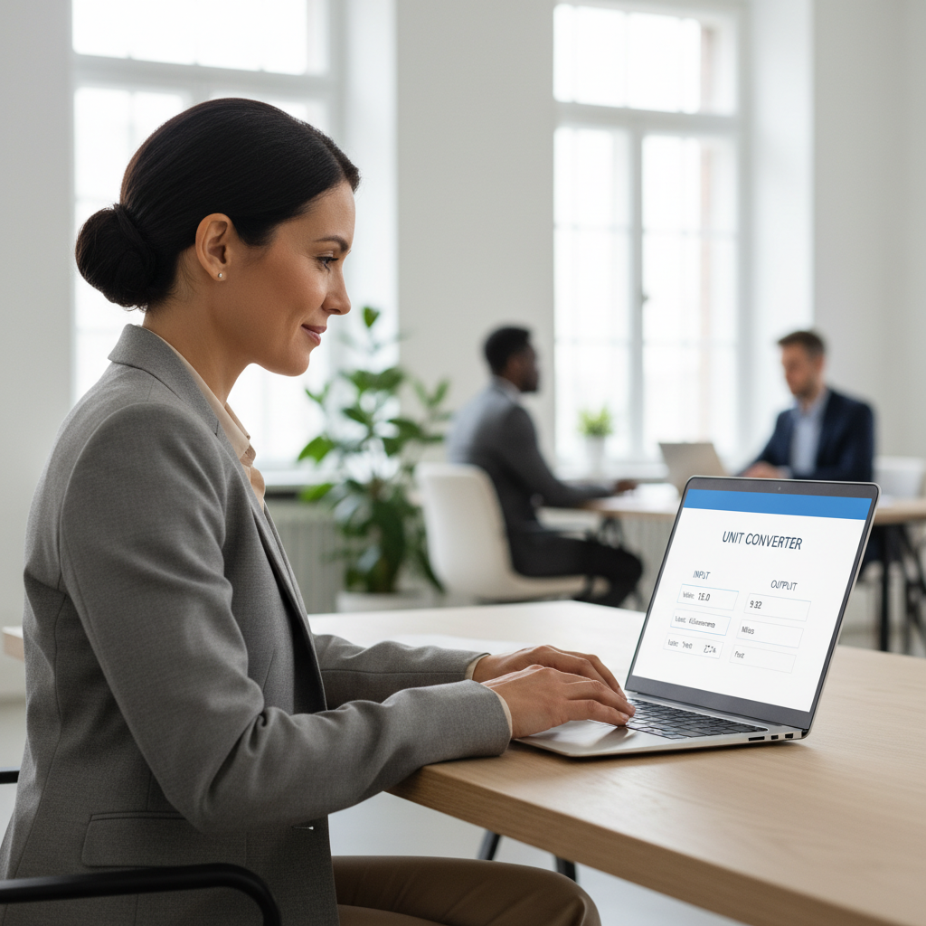 A professional using an online conversion calculator on a laptop in a modern office.