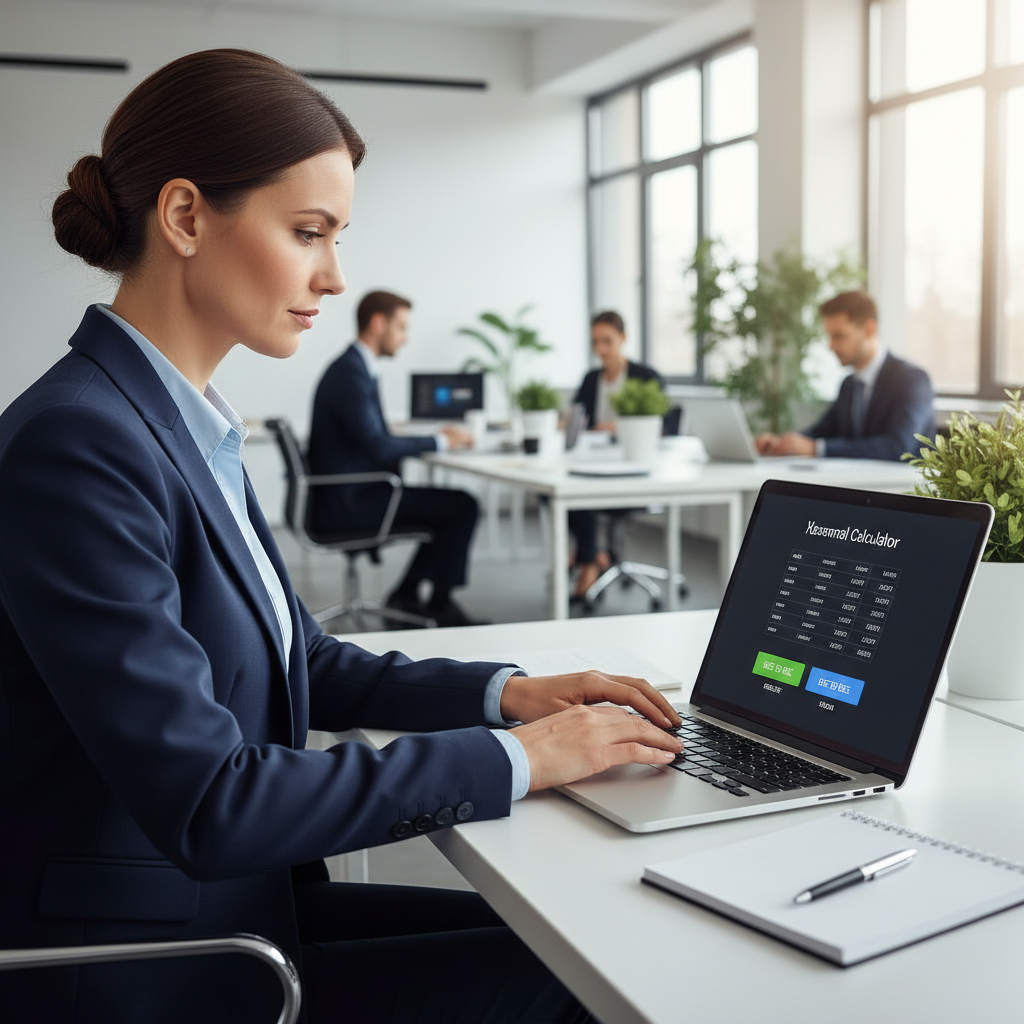 A professional using an online hexadecimal calculator on a laptop in a modern office setting, illustrating efficient conversions.