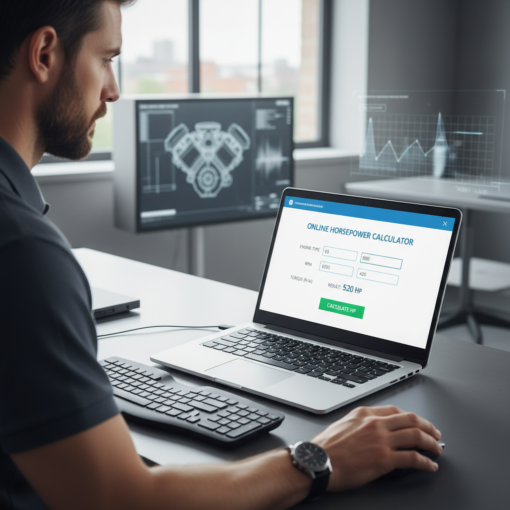 A professional using an online horsepower calculation tool on a laptop in a modern office setting.