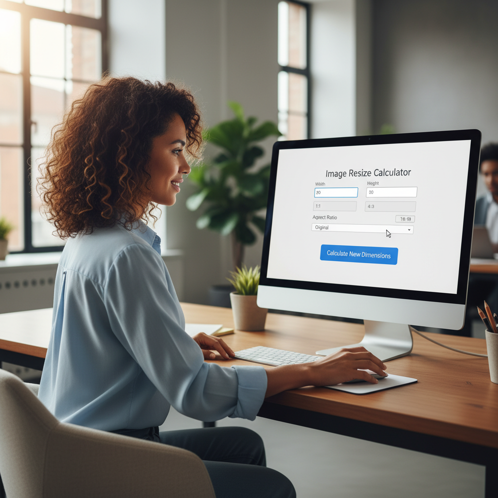 A professional using an online image resize calculator on a desktop computer in an office.