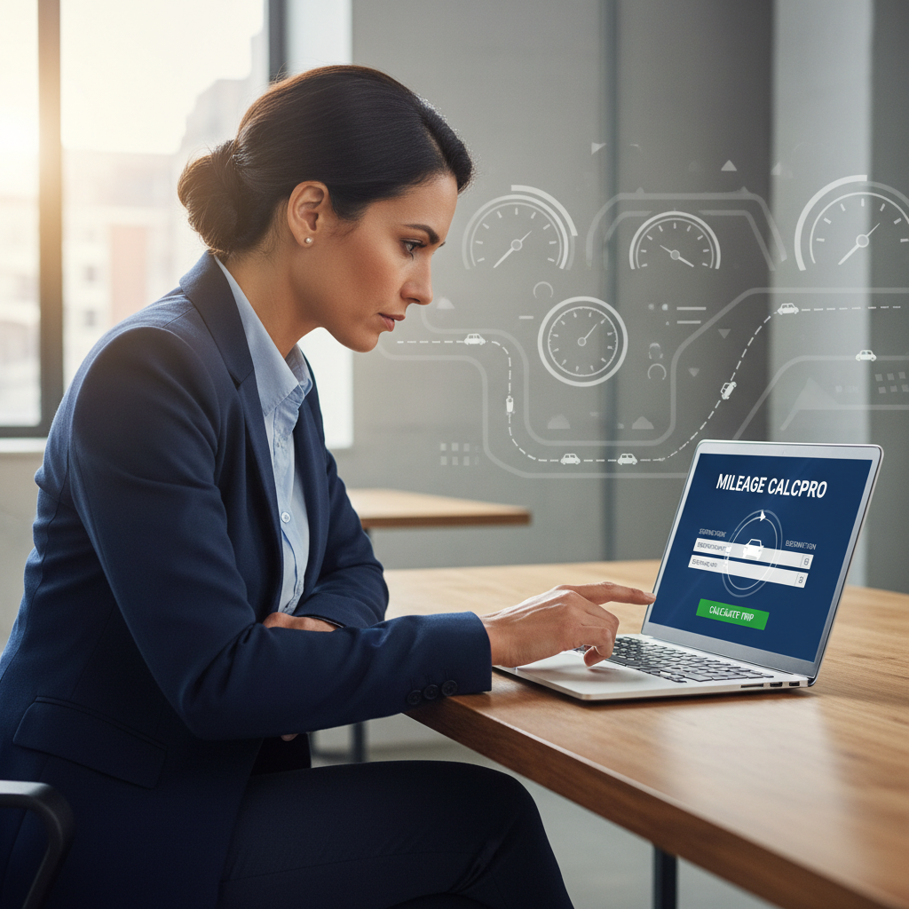 A professional using an online mileage calculator on a tablet, demonstrating ease of use for tracking mileage.
