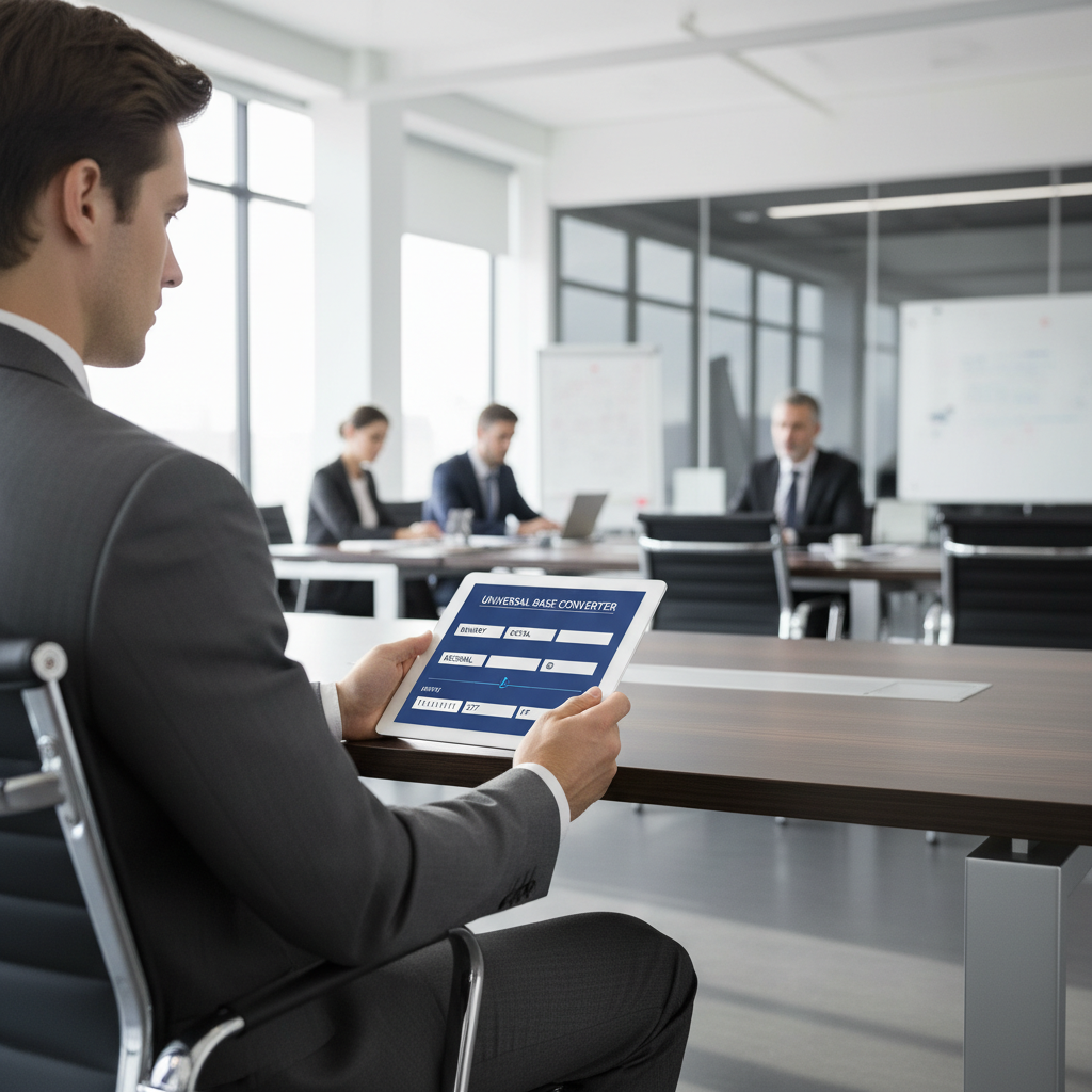 A professional using an online number system conversion tool on a laptop in a modern office.