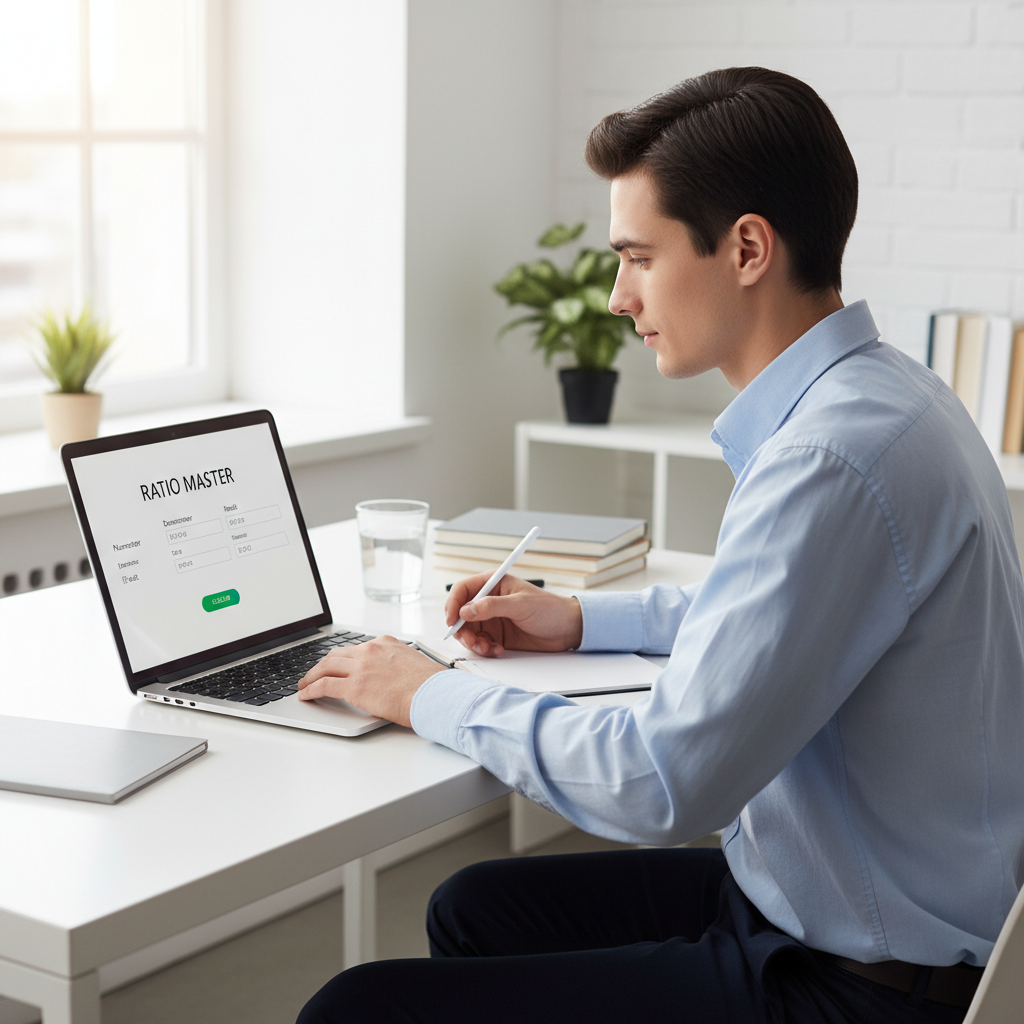 A professional using an online ratio calculator on a laptop, demonstrating ease and accuracy in a modern office setting.