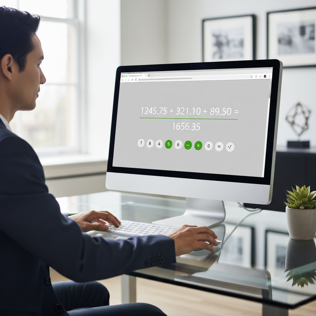 A professional using an online sum calculator on a laptop, demonstrating ease and efficiency in a modern office setting.