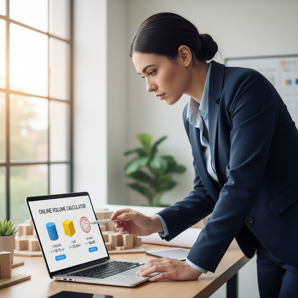 A professional using an online volume calculator on a tablet, displaying various 3D geometric shapes and calculation results.