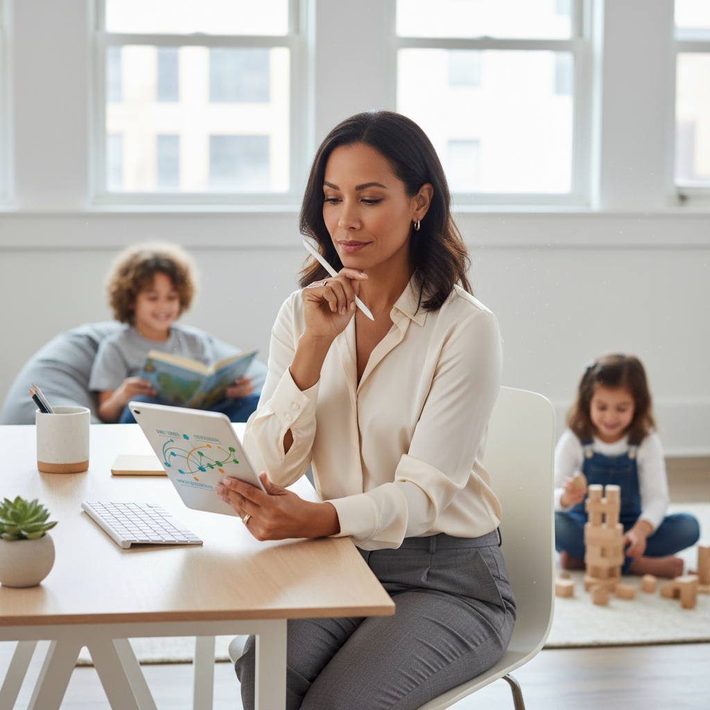 A professional woman in a bright home office reviews child growth data on a tablet, with her son and daughter playing in the background, symbolizing height prediction and family planning.