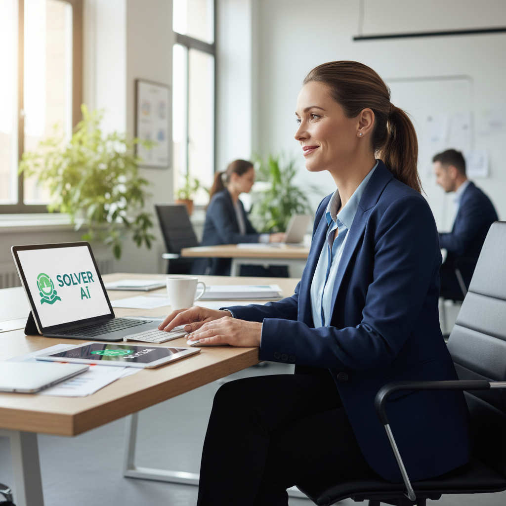A professional woman in an office smiling confidently, conveying successful problem-solving.