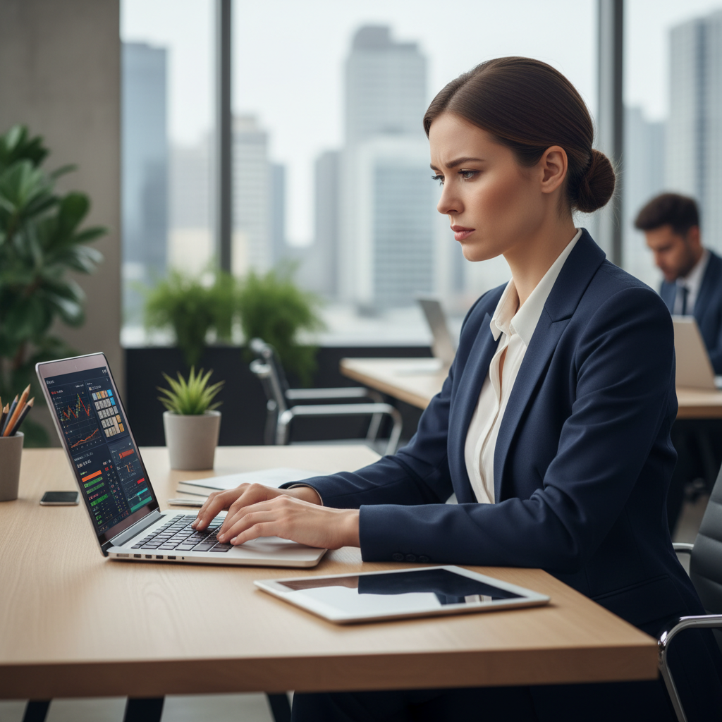 A professional woman in an office thoughtfully looking at a calculator on a tablet.