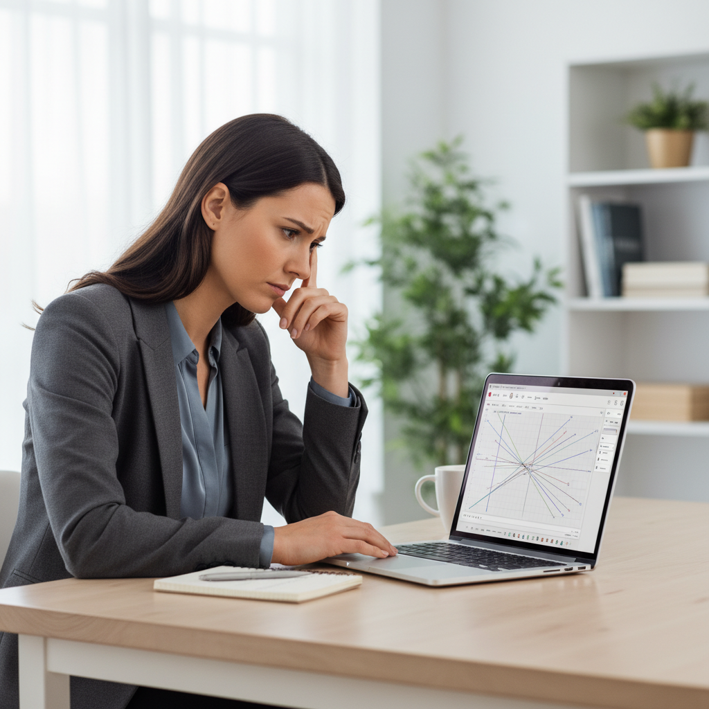 A professional woman looking thoughtfully at a laptop displaying the Desmos calculator, suggesting a challenge.