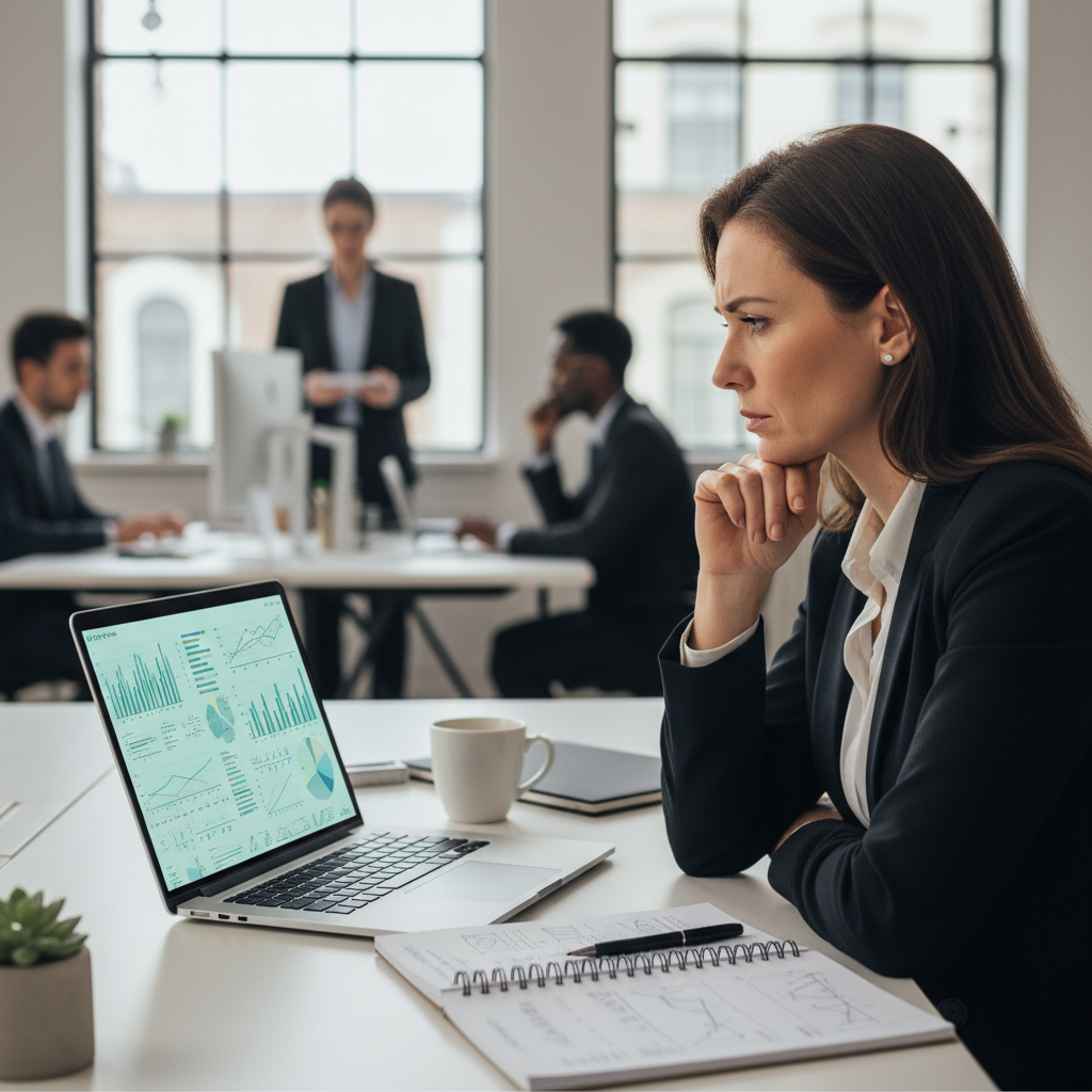 A professional woman studies complex mathematical graphs on a tablet in an office.