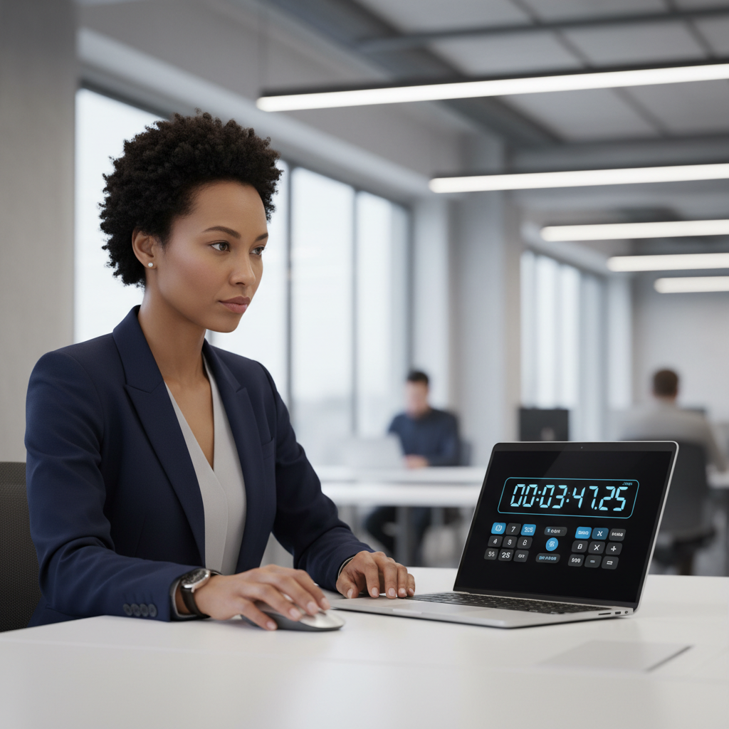 A professional woman uses a digital stopwatch calculator on her laptop in a modern office setting, demonstrating productivity.
