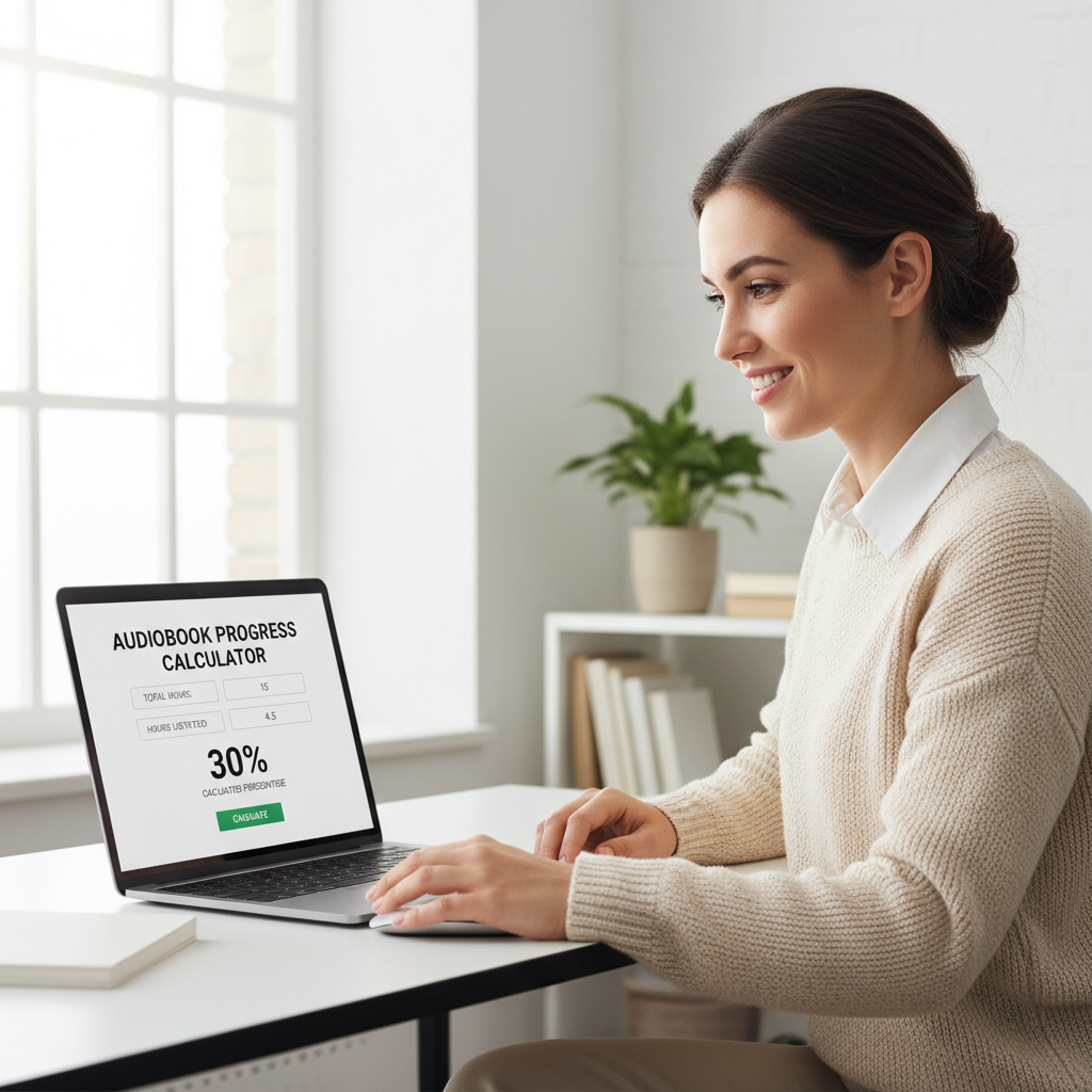 A professional woman uses a laptop to input data into an audiobook progress calculator.