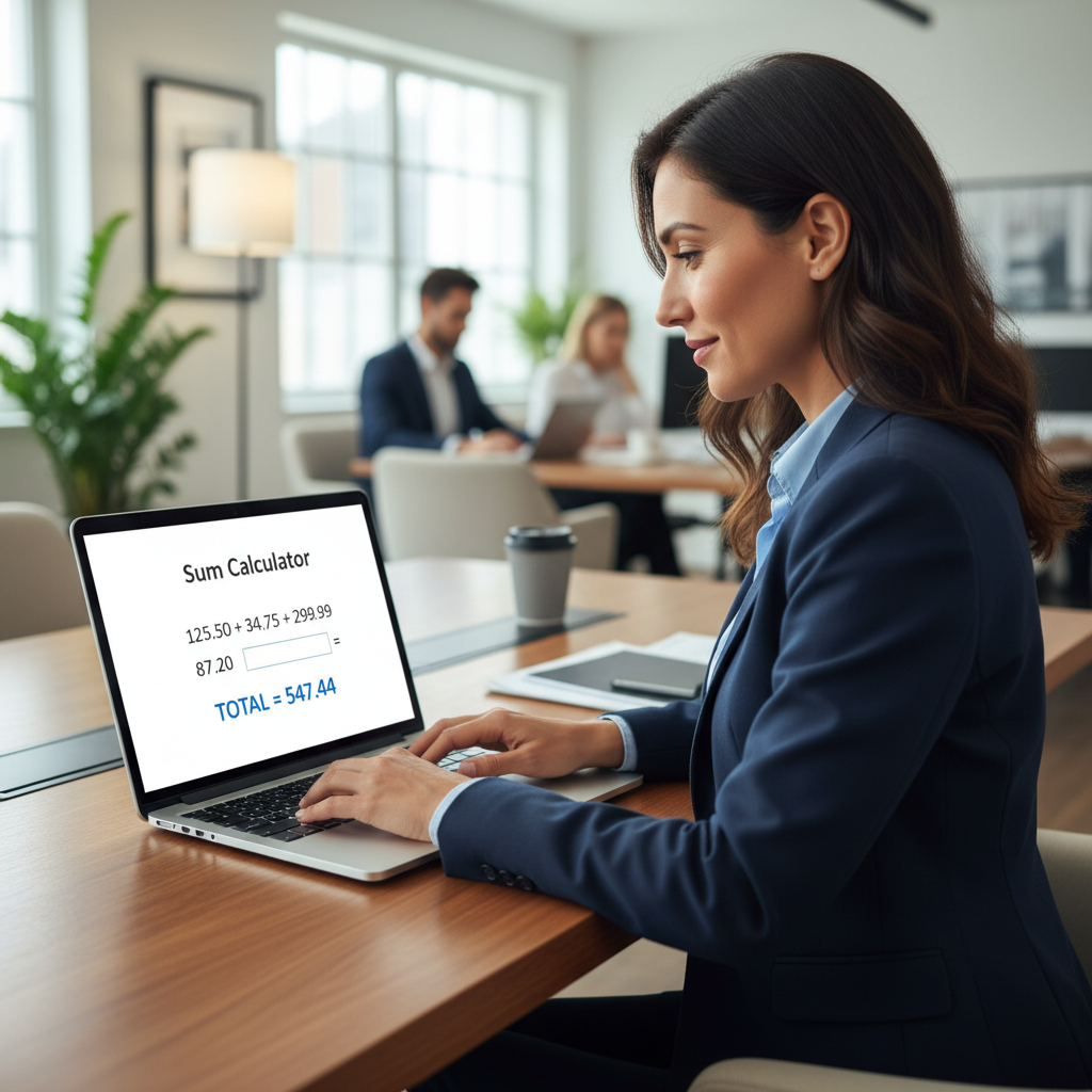 A professional woman uses a sum calculator on a laptop in an office.