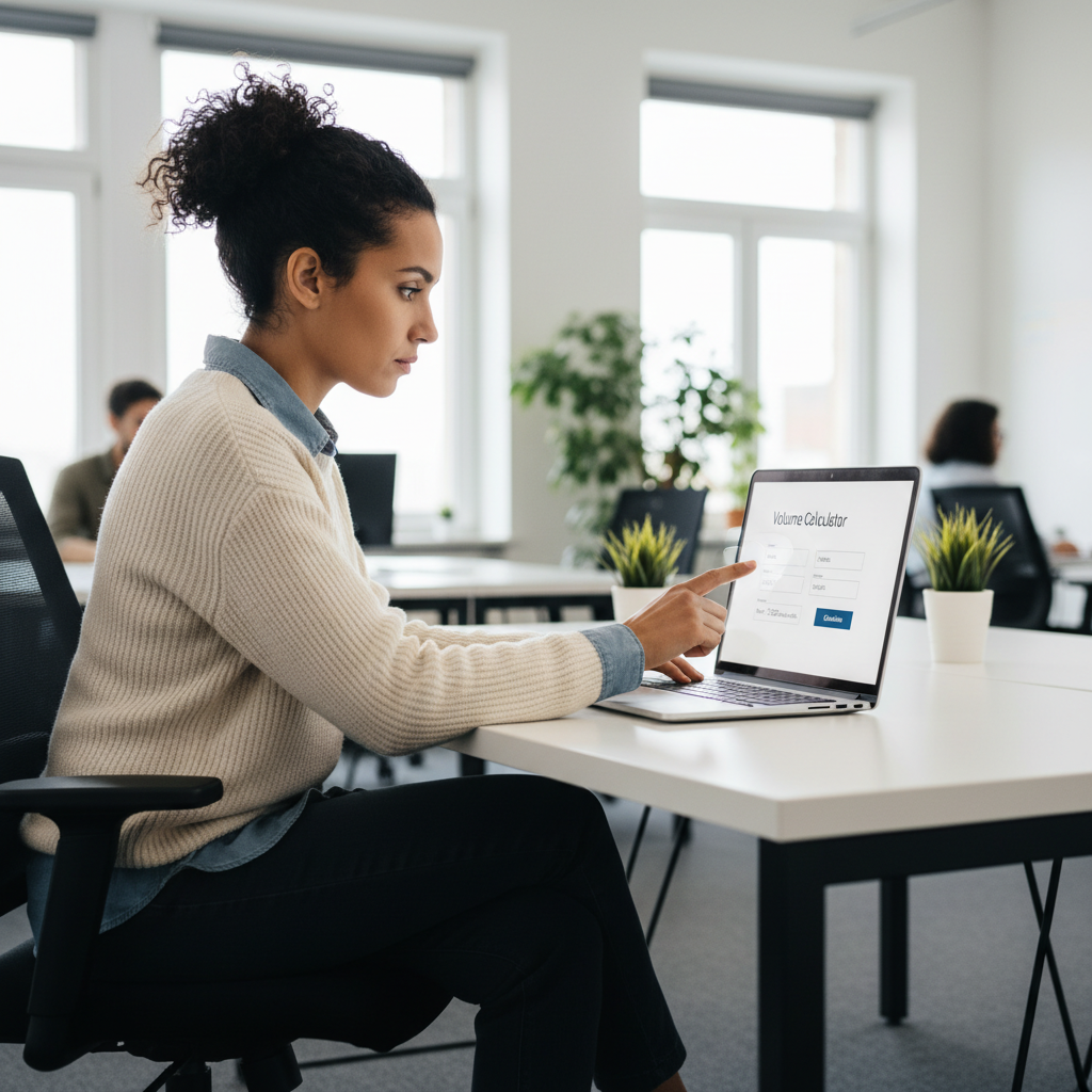 A professional woman uses an online volume calculator on a laptop in a modern office.