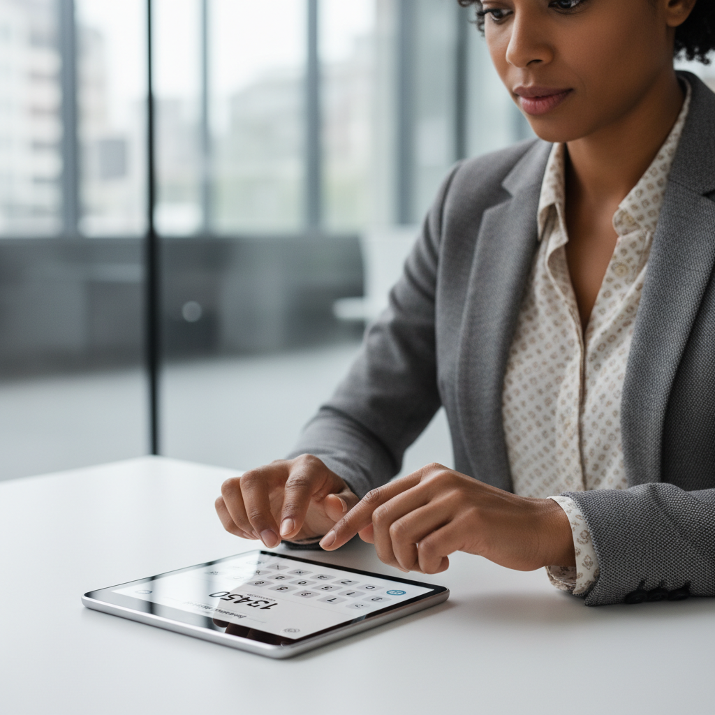 A professional woman using a digital payment calculator on a tablet in an office.