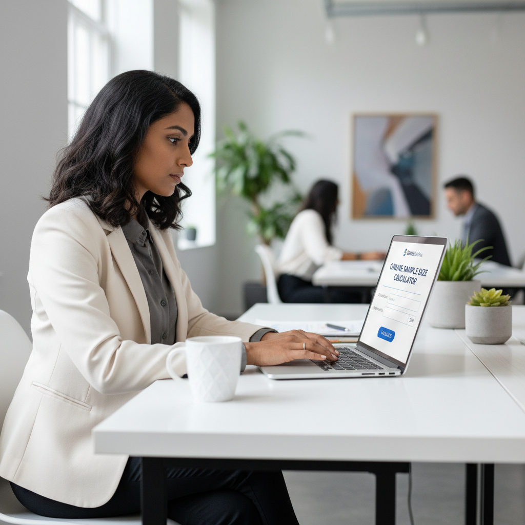 A professional woman using a laptop to interact with an online sample size calculator.