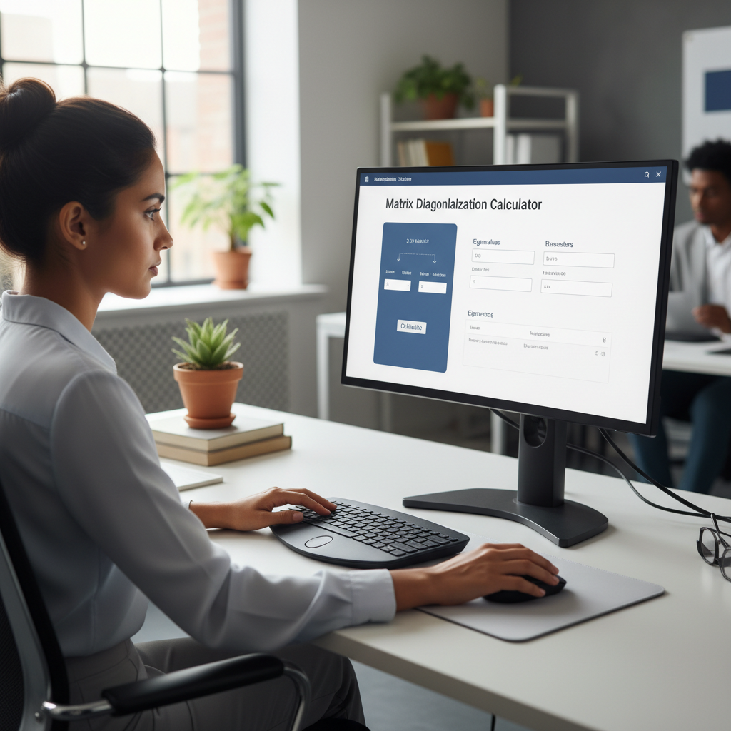 A professional woman using a matrix diagonalization calculator on a computer screen in an office.