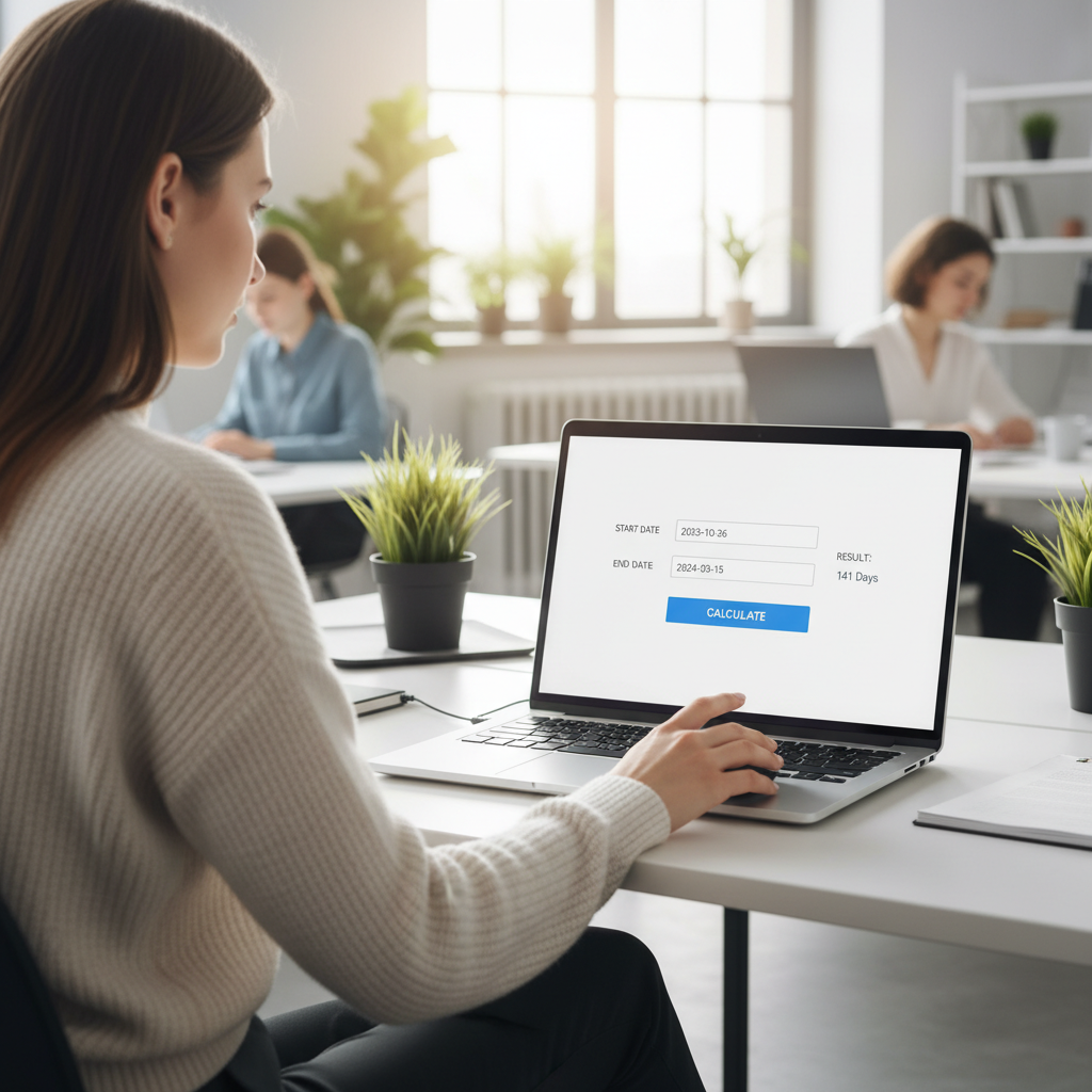 A professional woman using an online date calculator on her laptop in an office.