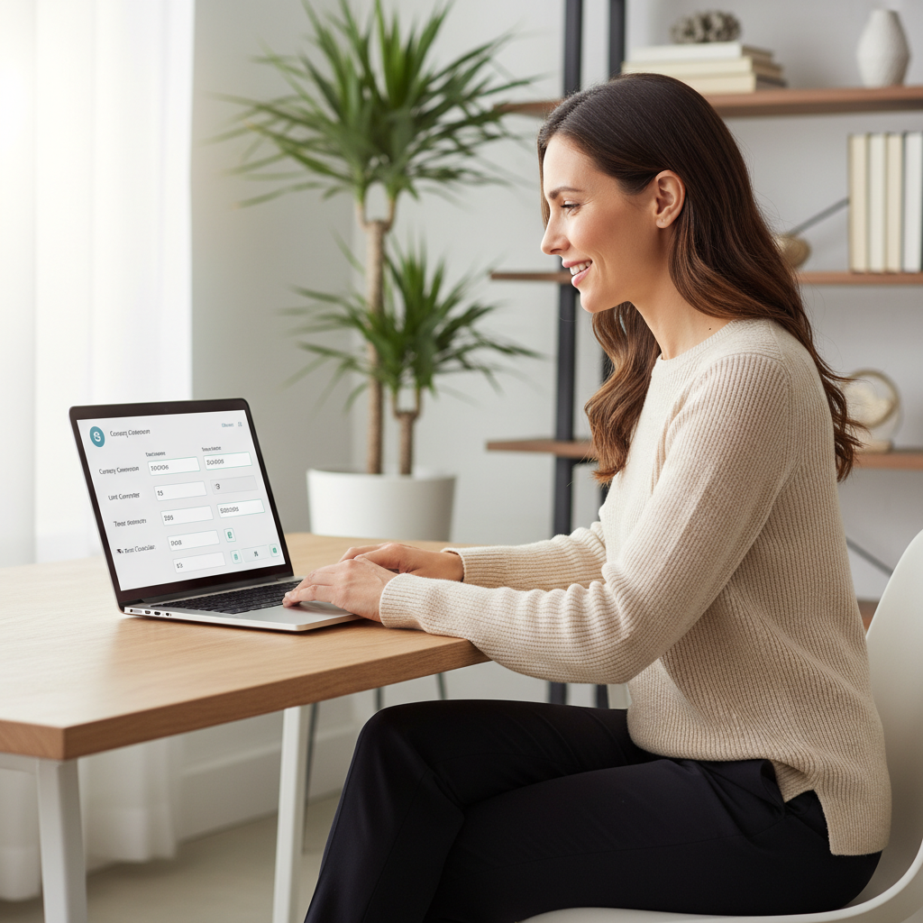 A professional woman using an online inches to cm calculator on a laptop, demonstrating ease of use.