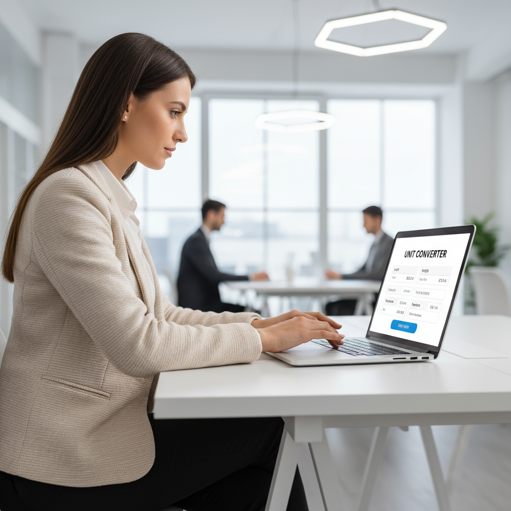 A professional woman using an online ounces to milliliters converter on her laptop.