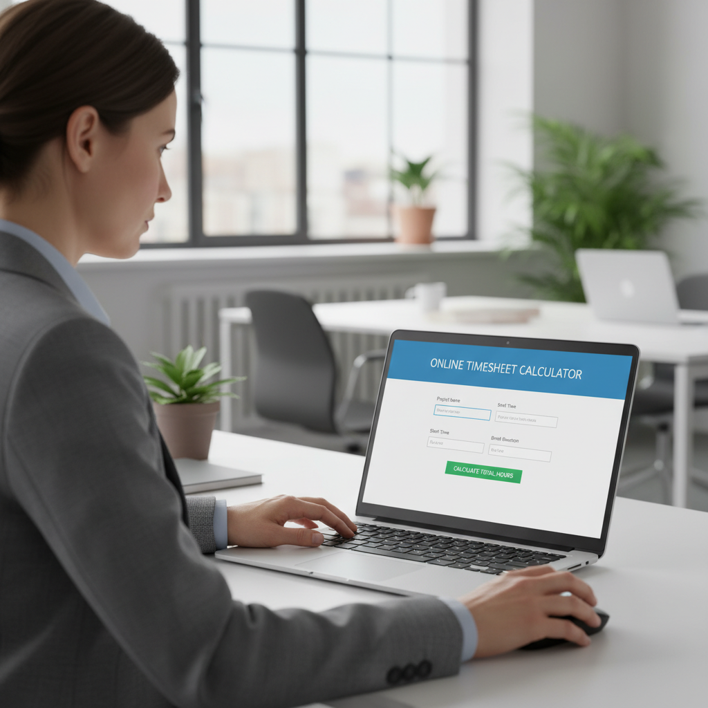 A professional woman using an online timesheet calculator on a laptop in a modern office setting.