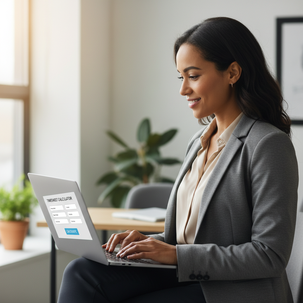 A professional woman using an online timesheet calculator on a laptop.