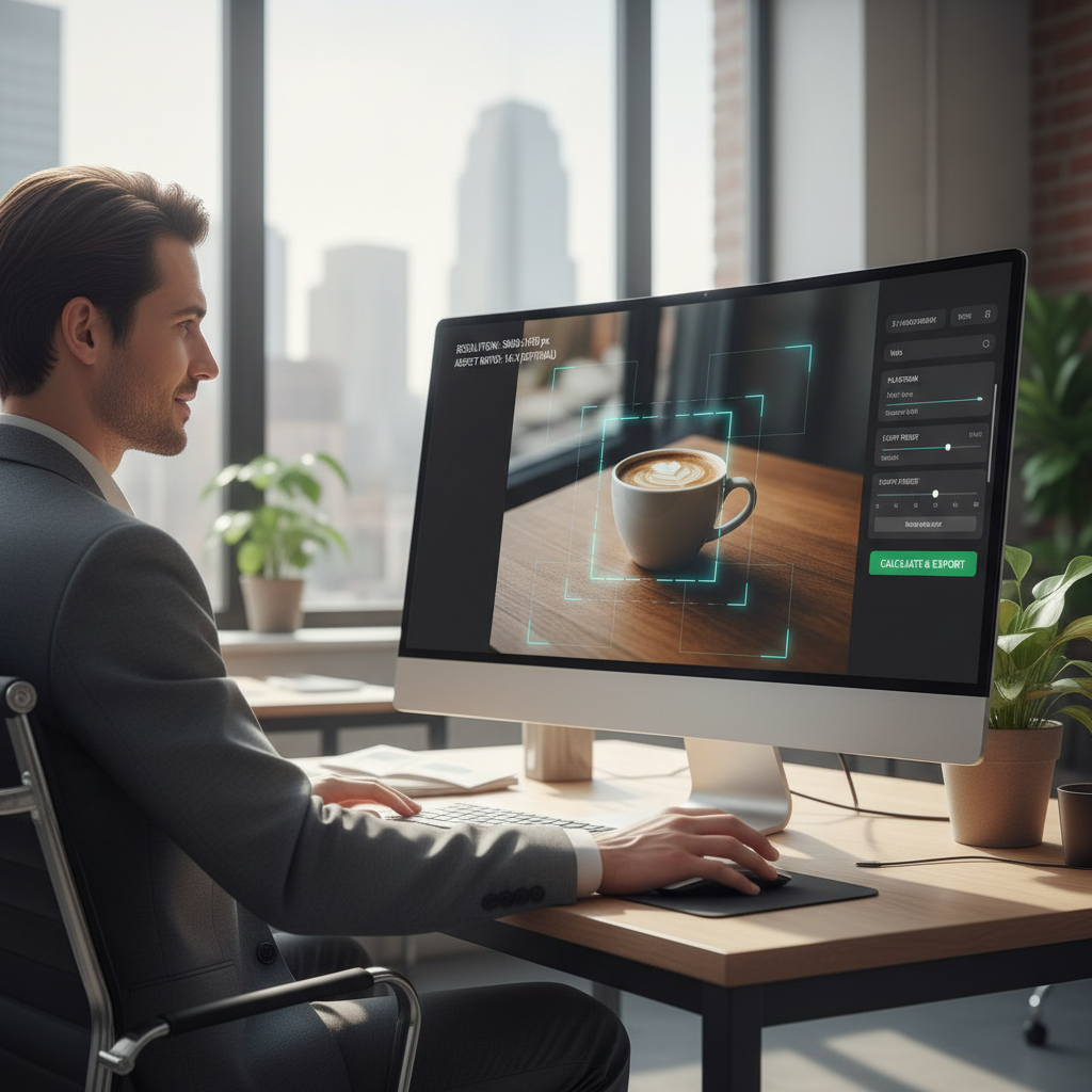 A professional working on a computer displaying optimized image dimensions and aspect ratio grids, illustrating precise image resizing.