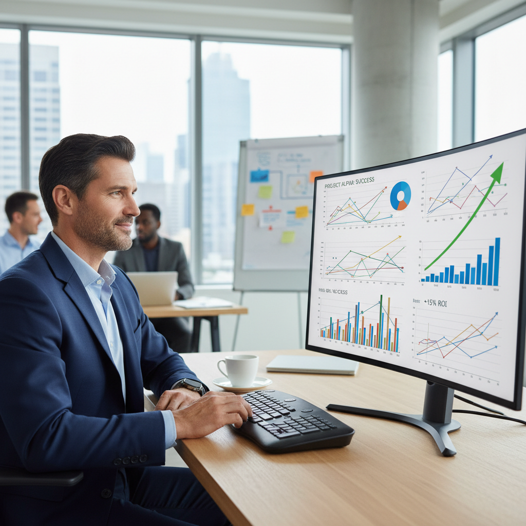A smiling business professional looks confidently at a computer screen, signifying successful data analysis.