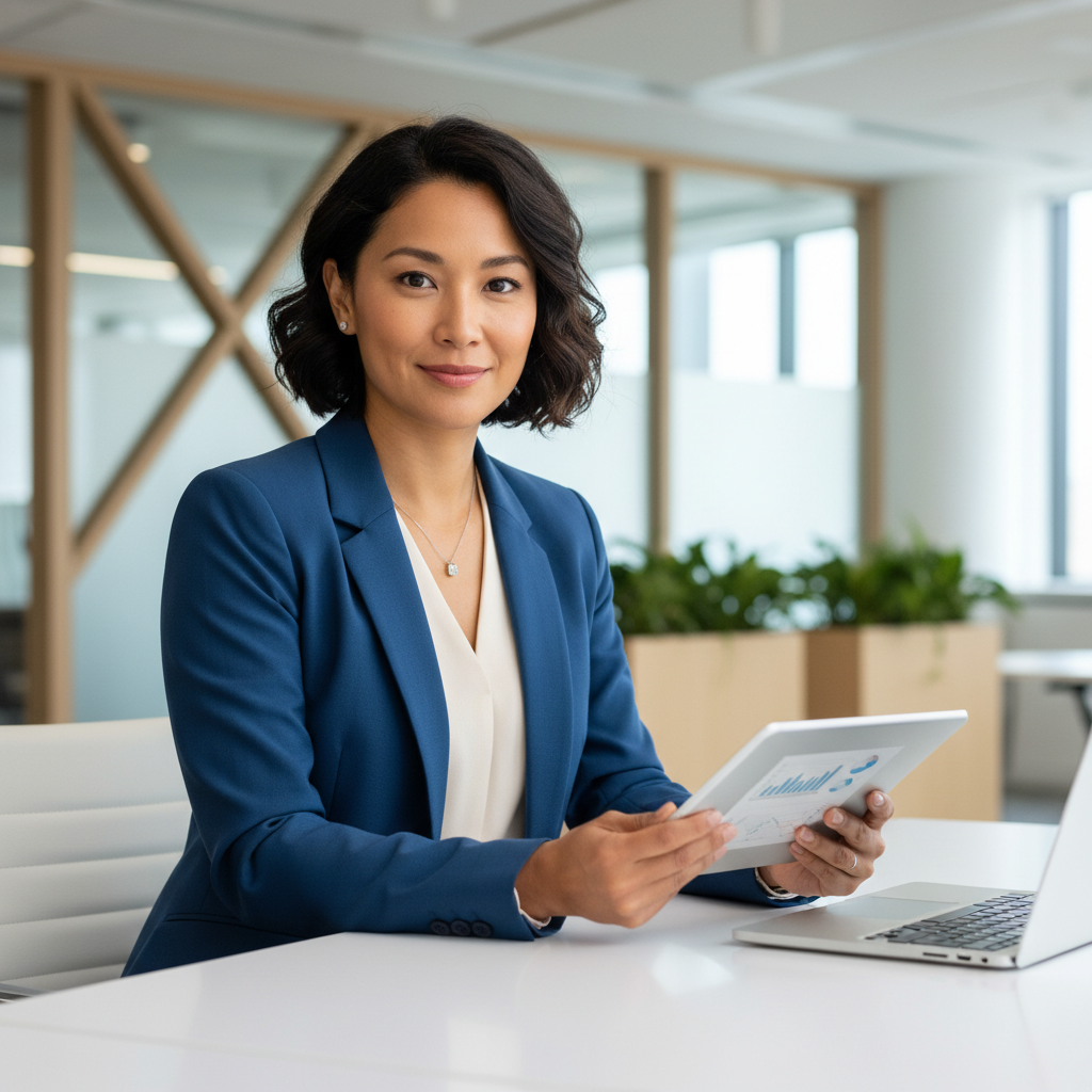 A smiling professional woman in a modern office, representing the advantages of using an online area calculator.