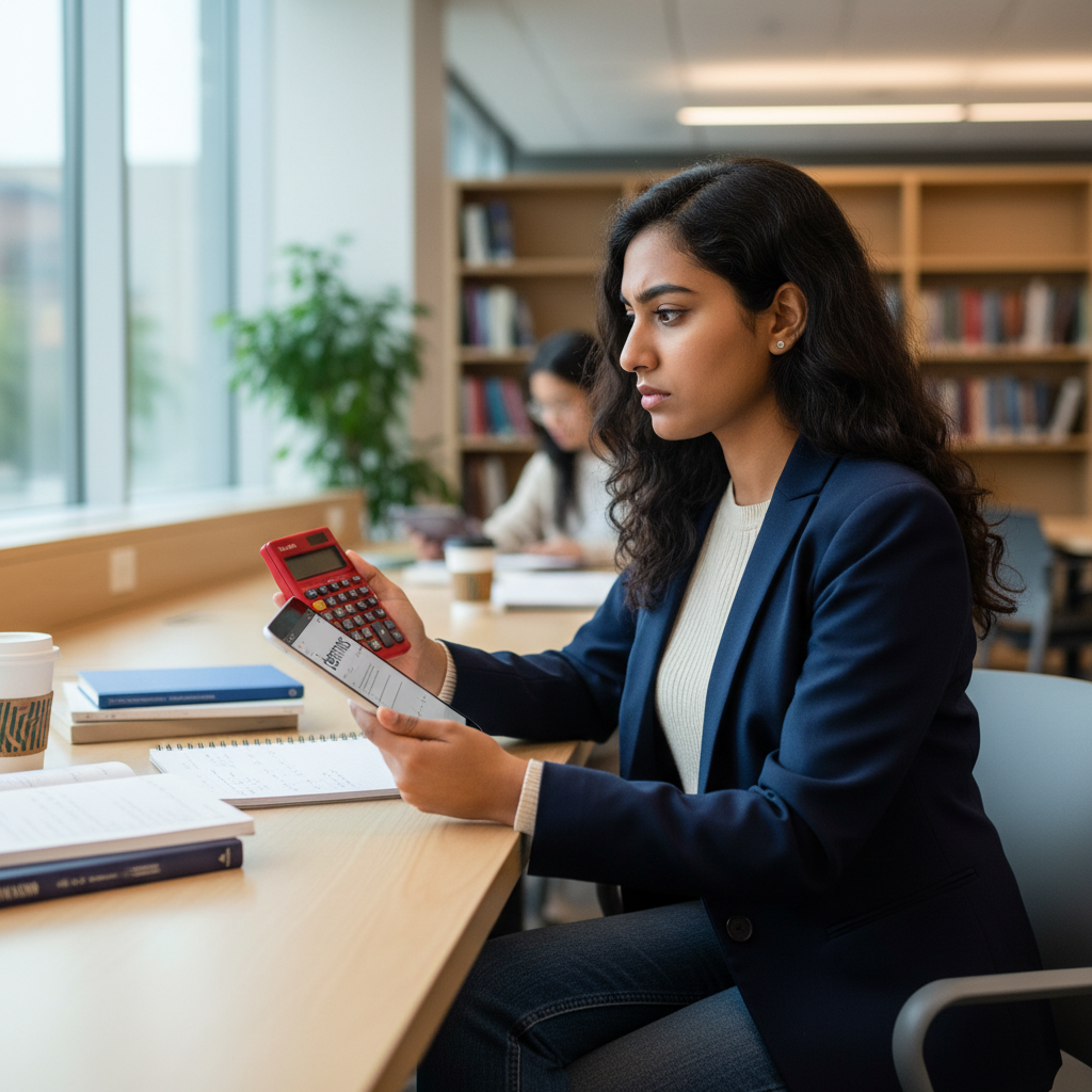 A student thoughtfully comparing a TI-84 Plus CE calculator with a tablet displaying Desmos in a quiet study environment, considering their use for an exam like the SAT.