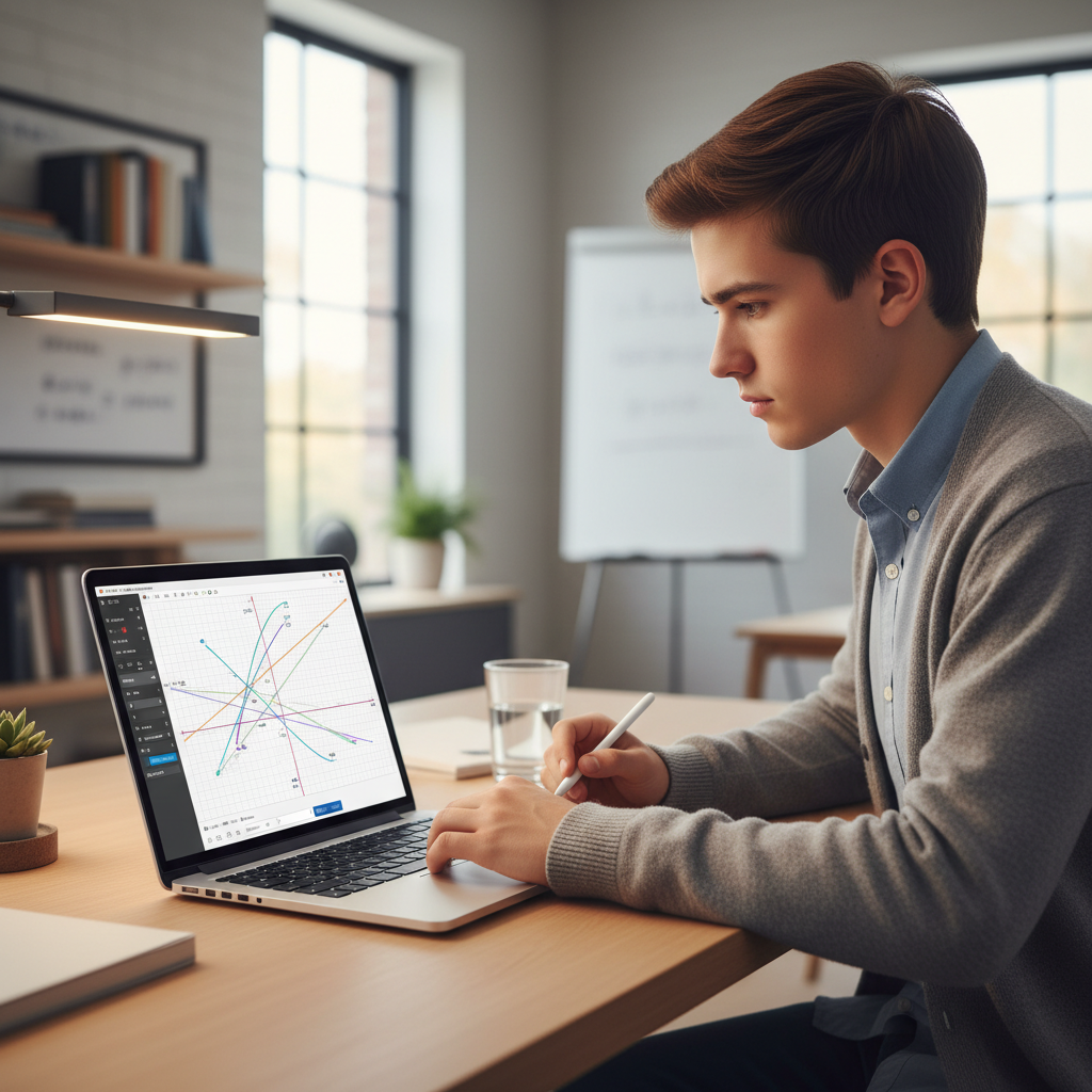 A student using a digital graphing calculator on a tablet or laptop, symbolizing the STAAR Desmos calculator as a tool for test preparation and success.