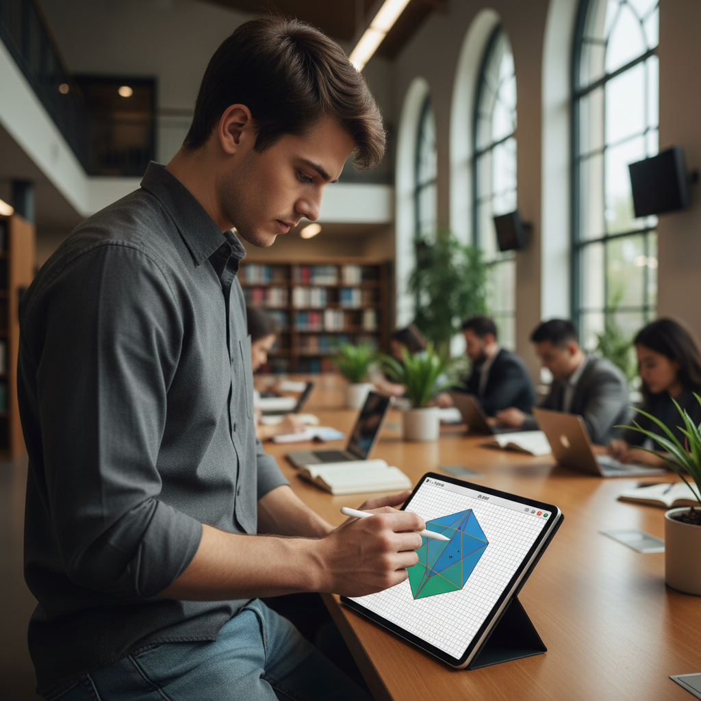A student using an interactive geometry calculator on a tablet, visualizing 3D shapes in a modern academic setting.
