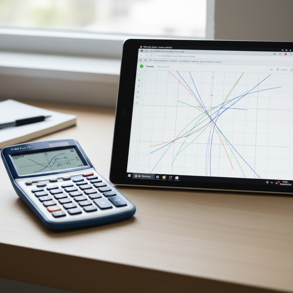 A TI-84 Plus CE calculator placed next to a tablet displaying the Desmos graphing calculator interface, symbolizing a choice.