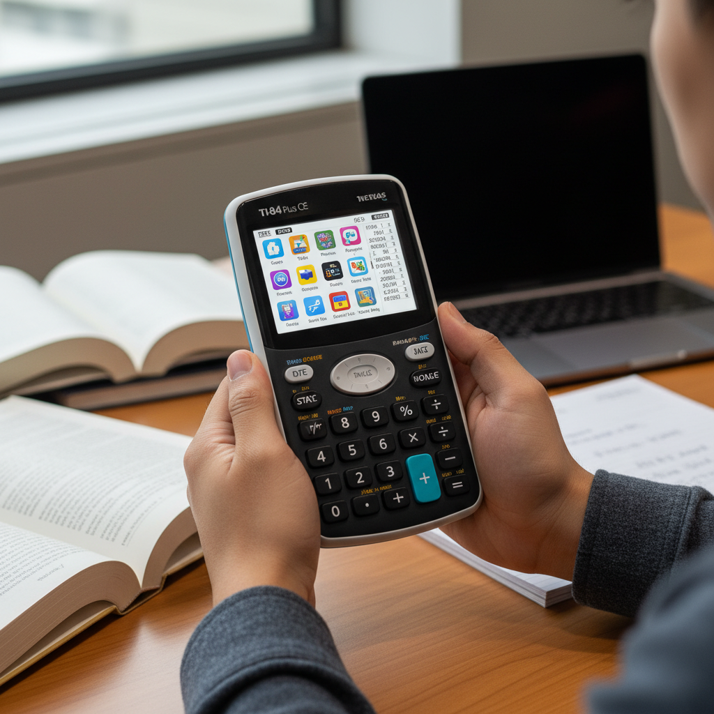 A TI-84 Plus CE graphing calculator displaying multiple app icons on its screen, held by a professional.