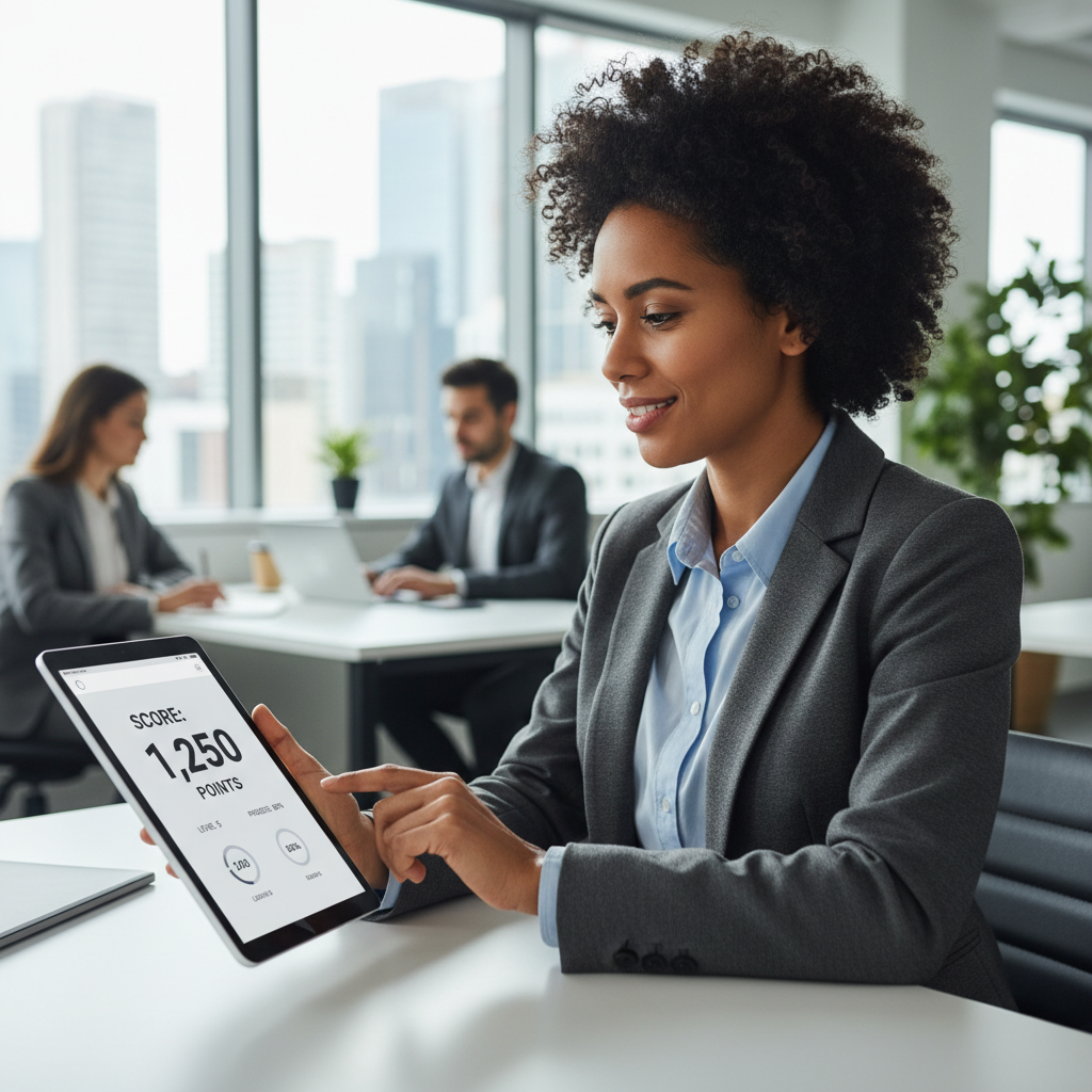 A woman uses a tablet displaying an online score counter in a modern office.