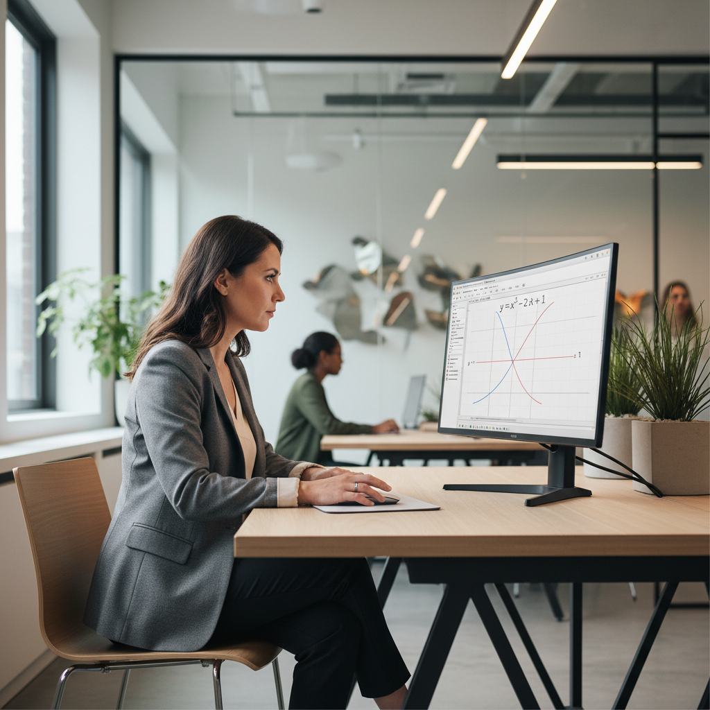 A woman works on a computer displaying the Desmos graphing calculator interface.