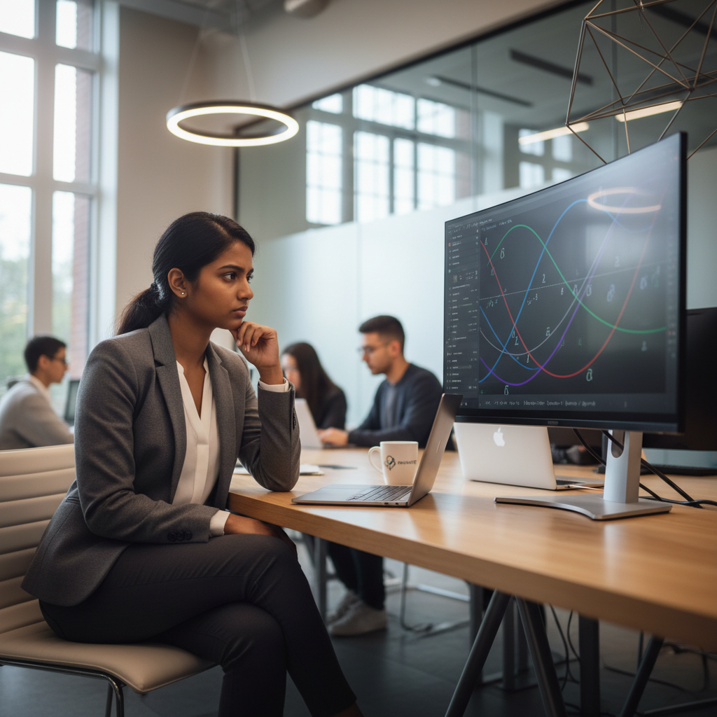 A young professional woman intently studies a monitor displaying colorful, complex mathematical graphs from Desmos.