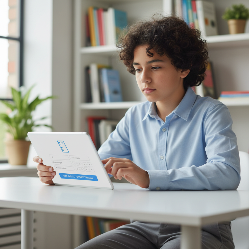 A young teenager engaging with a height calculator application on a tablet.