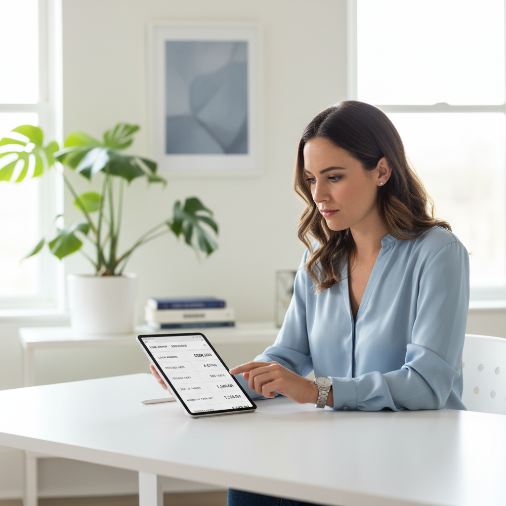 A young woman thoughtfully calculating loan payments on a tablet in a modern home office.