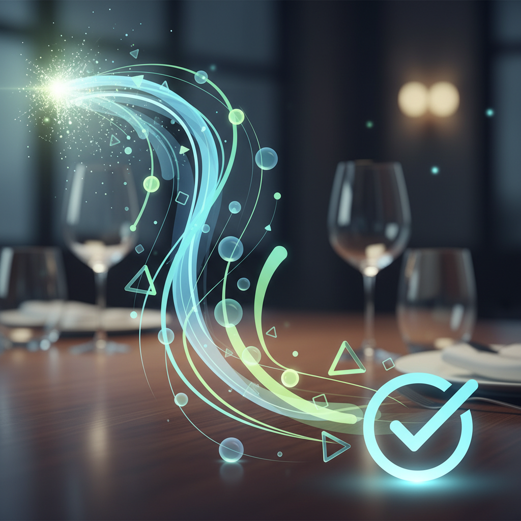 Abstract digital art illustrating the ease and speed of online tip calculation, with flowing lines and shapes representing effortless precision over a blurred dining background.