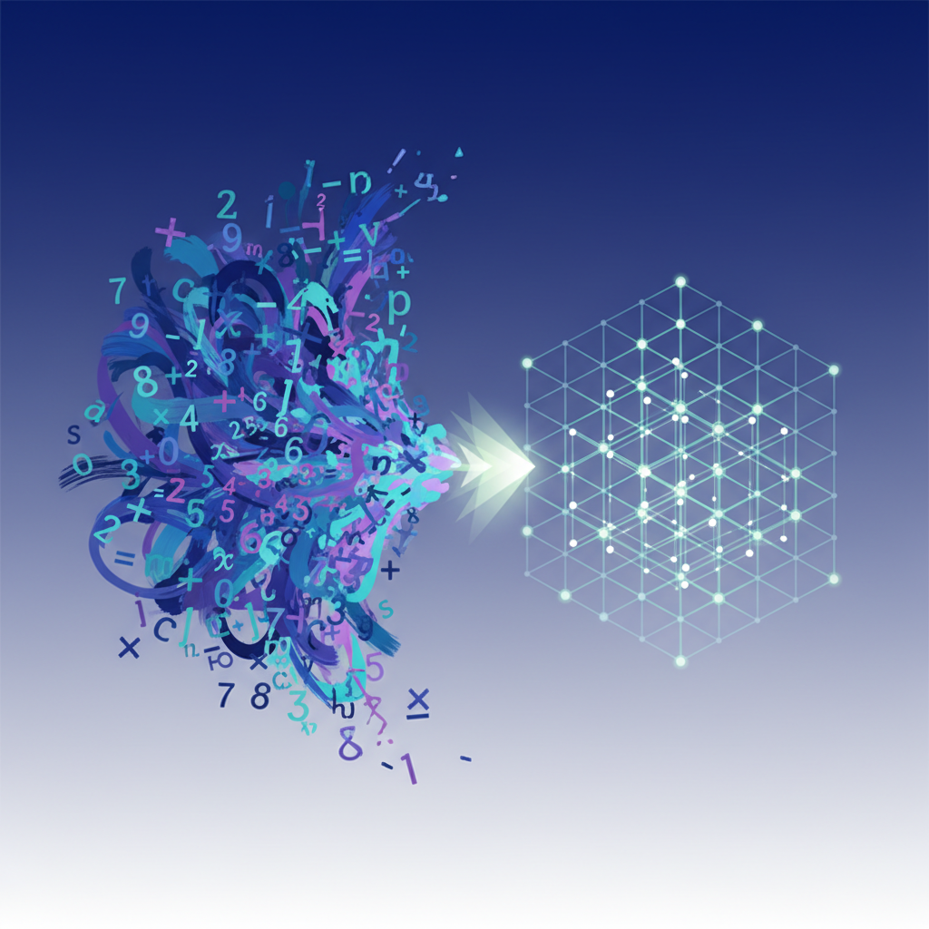 Abstract vector illustration depicting chaotic mathematical data transforming into a clear, organized matrix grid, symbolizing computational simplification and clarity.