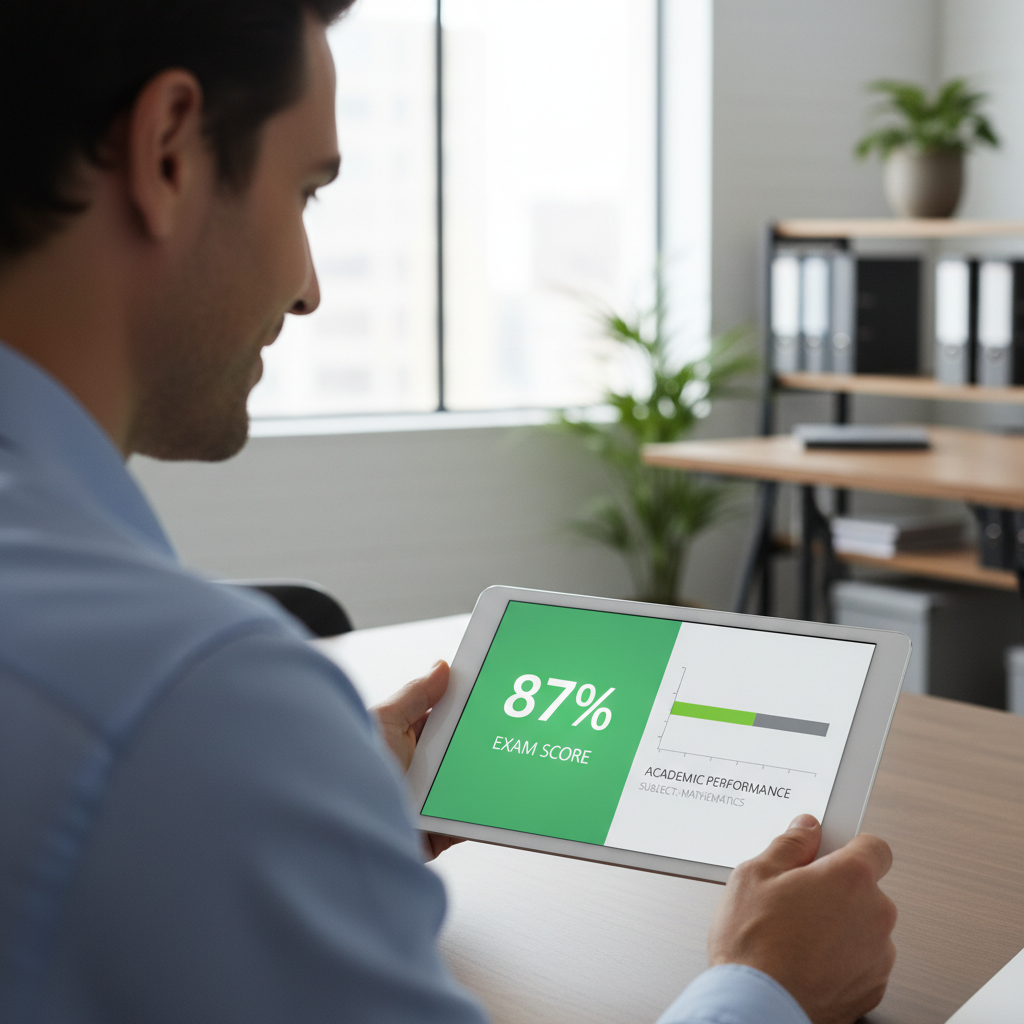 An adult professional confidently viewing a percentage calculation and grade score on a laptop screen in a modern office.